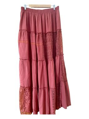 White Birch XL Dusty Rose Patchwork Lace Boho Tiered Maxi Skirt Lined